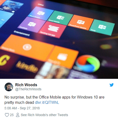 微軟證實將停止Windows 10 Office Mobile應用的開發(fā)
